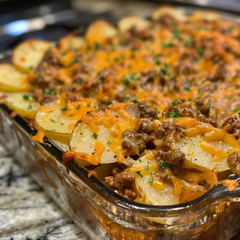 The Cozy Hobo Casserole: A Hearty Dish for Chillier Nights Close-up view of a hearty Hobo Casserole with ground beef and potato layers.