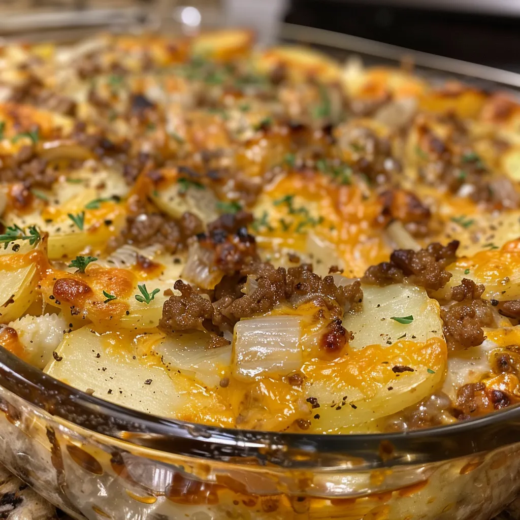 Side angle of a delicious baked Hobo Casserole featuring ground beef and cheese.