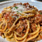 Close-up of a plate of homemade spaghetti with rich meat sauce, garnished with grated Parmesan and herbs.