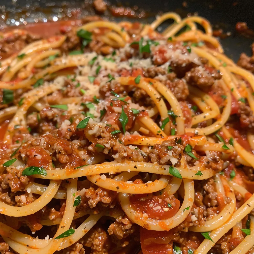 Side view of steaming spaghetti topped with a hearty meat sauce, highlighting the texture of the ingredients.