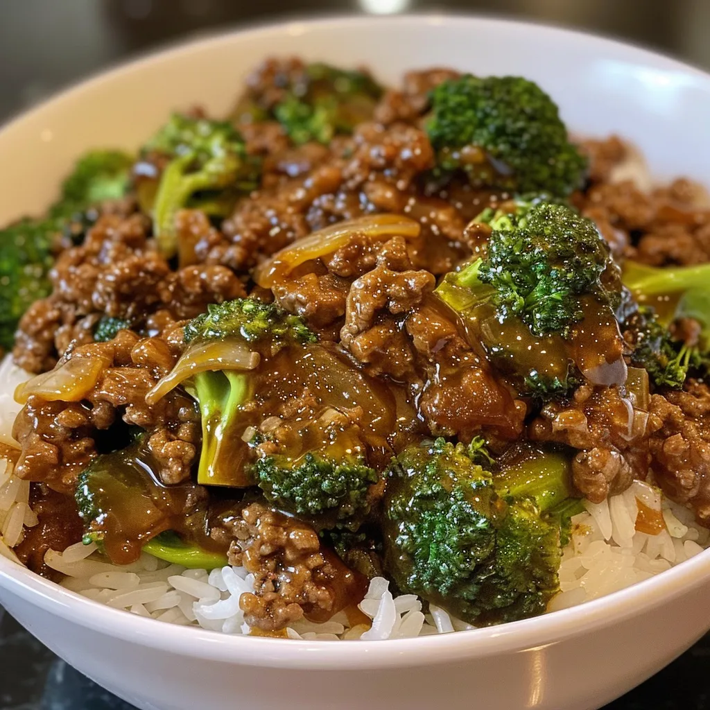 Side view of a plate with sautéed ground beef and broccoli drizzled in honey garlic sauce.
