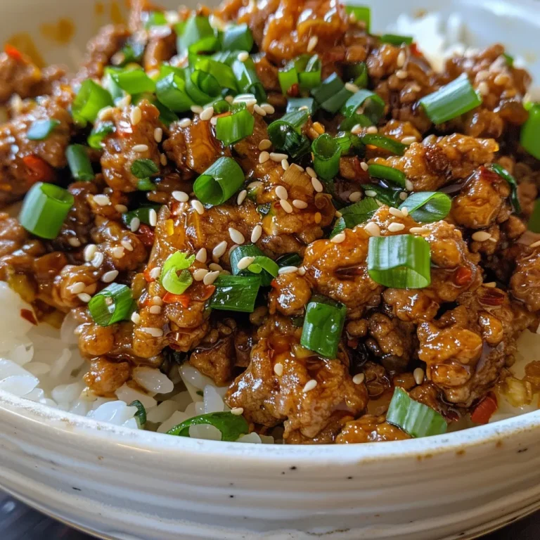 A close-up view of a bowl of Honey Garlic Ground Turkey, glistening with sauce.