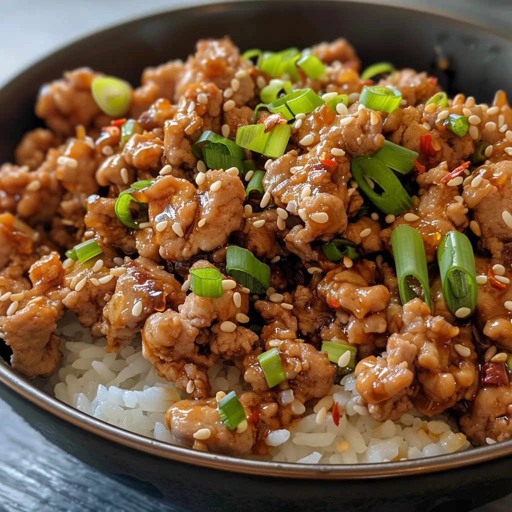 Juicy ground turkey mixed with honey garlic sauce, garnished with sliced green onions.