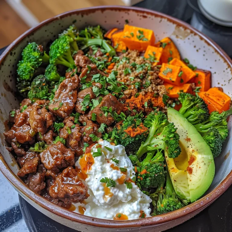 A close-up side view of a Hot Honey Beef Bowl with vibrant colors and textures.