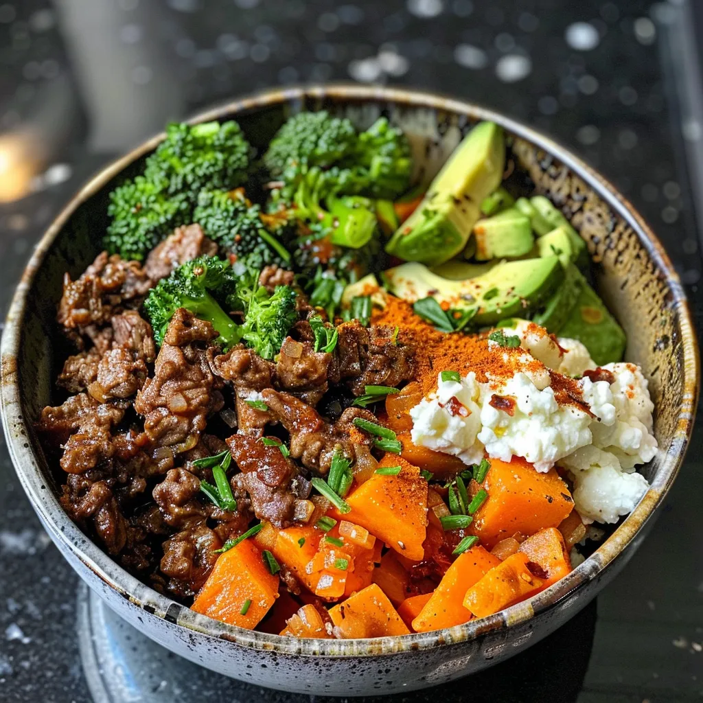 Juicy beef mince mixed with honey sauce, sweet potato, broccoli, and avocado in a bowl.