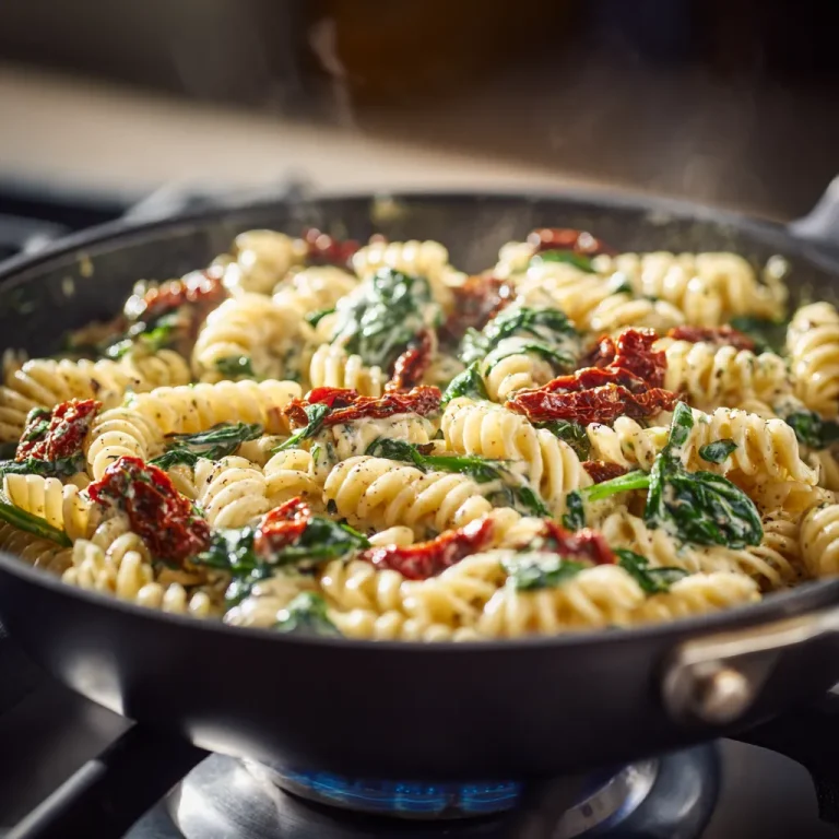Close-up shot of vibrant spinach tomato pasta with natural lighting.