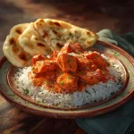 Close-up of creamy homemade butter chicken served with naan and rice.