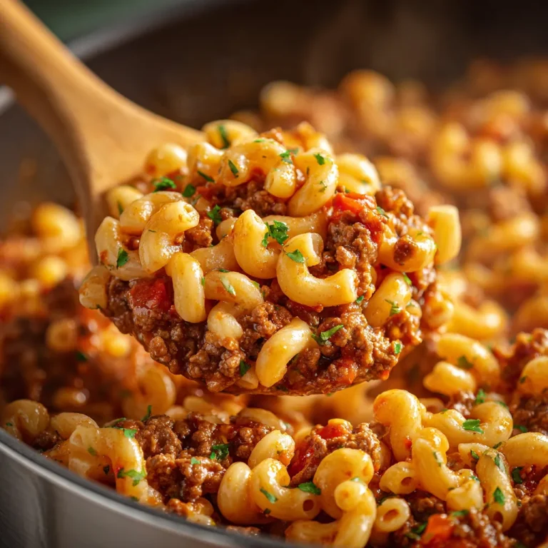 Close-up of a savory bowl of Hamburger Helper with ground beef and macaroni in a soft, warm light.