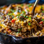 Close-up of a baked chicken and rice casserole with a golden crust and colorful vegetable mix.