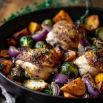 Close-up of a one-pan fall chicken dinner featuring chicken thighs, brussels sprouts, sweet potatoes, and red onion.