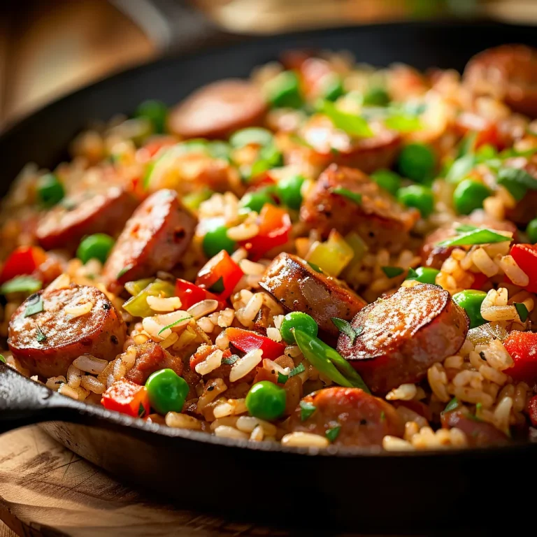 A Whirlwind of Flavor: My Go-To Cajun Sausage and Rice Skillet A close-up shot of a vibrant Cajun Sausage and Rice Skillet, featuring sliced smoked sausage, rice, peas, and colorful vegetables.