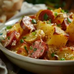 Close-up of Cheesy Ranch Potatoes topped with sliced smoked sausage and green onions.