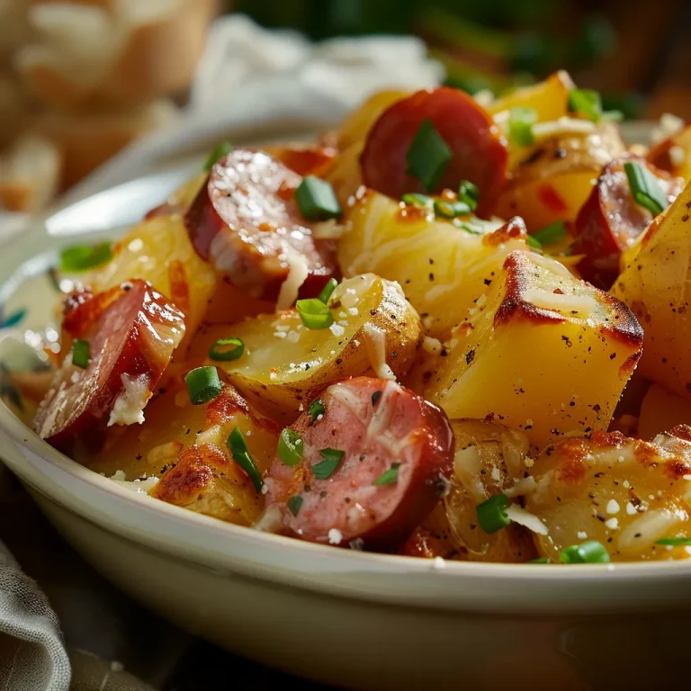 Close-up of Cheesy Ranch Potatoes topped with sliced smoked sausage and green onions.