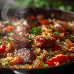 Close-up of a bowl of Quick One Pot Sausage and Rice Delight featuring sliced sausage, rice, and colorful bell peppers.