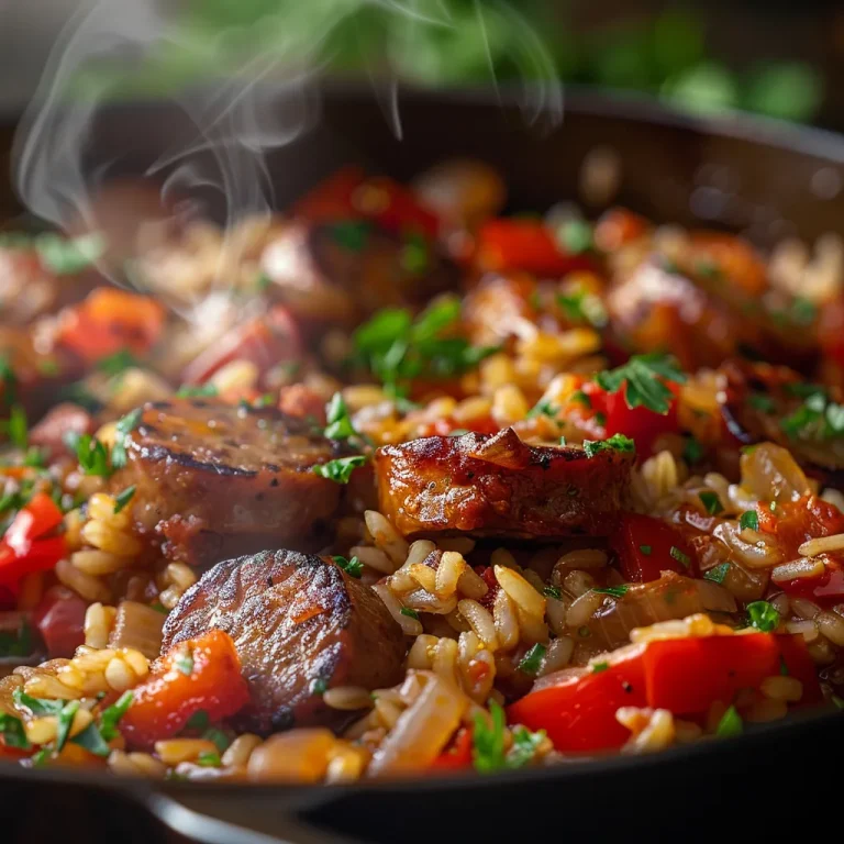 Close-up of a bowl of Quick One Pot Sausage and Rice Delight featuring sliced sausage, rice, and colorful bell peppers.
