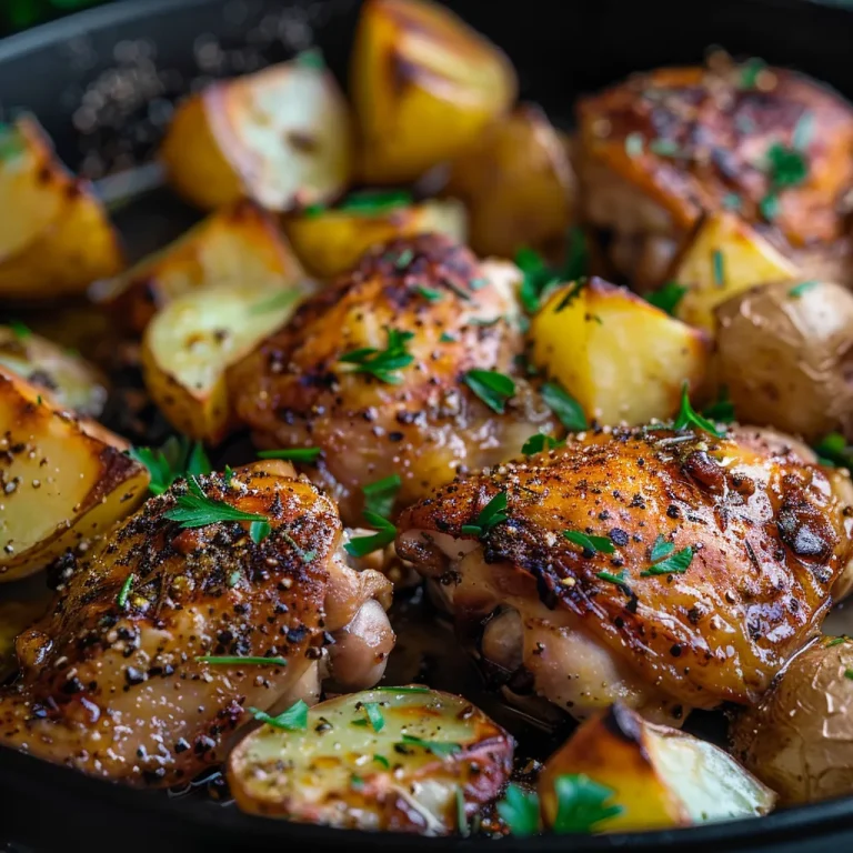 Close-up of One Pan Chicken and Potatoes with golden brown skin on chicken thighs and crispy potato wedges.