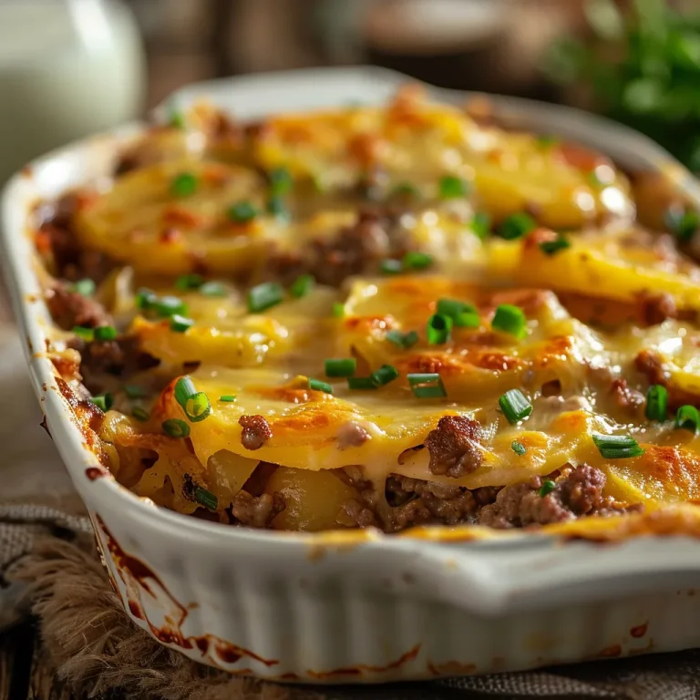 Close-up shot of a hearty Ground Beef Potato Dinner with diced potatoes and peas.