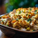 A close-up view of a golden-brown Chicken and Stuffing Casserole, showcasing its creamy texture and mixed vegetables.