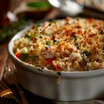 Close-up of Creamy Chicken and Rice Casserole in a white dish, topped with melted cheddar cheese and mixed vegetables.