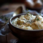 Close-up of a comforting plate of food, showcasing rich textures and warm colors.