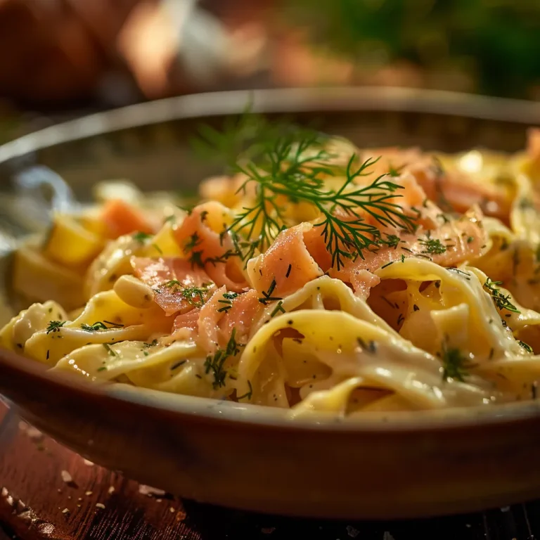 A close-up of creamy salmon pasta with chopped smoked salmon, garnished with fresh herbs.