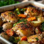 A close-up of a baked chicken dish with golden brown chicken thighs, colorful vegetables, and a sprinkle of fresh parsley.