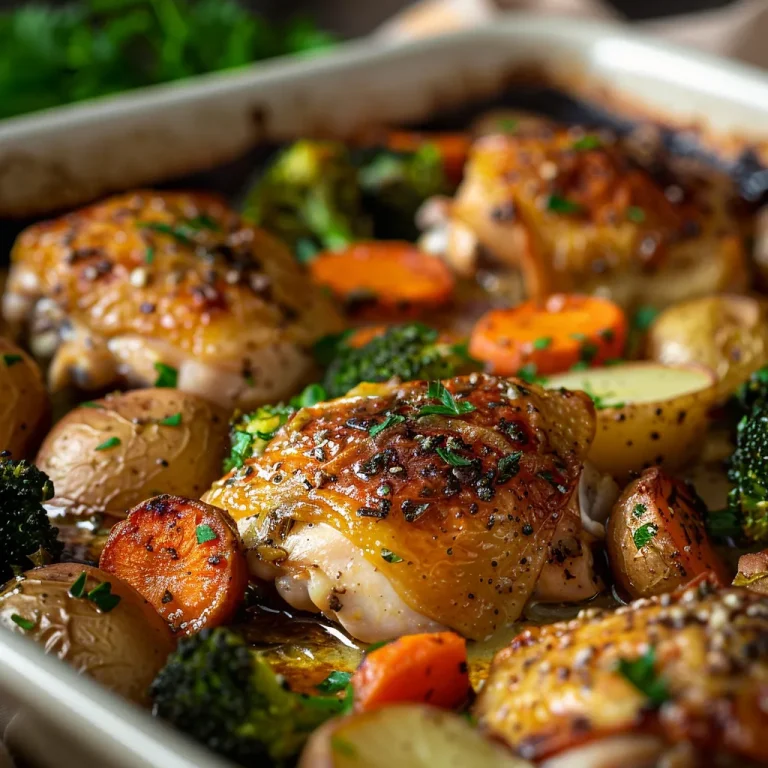 A close-up of a baked chicken dish with golden brown chicken thighs, colorful vegetables, and a sprinkle of fresh parsley.