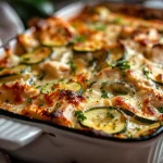 Close-up of a cheesy chicken and zucchini bake, showcasing layers of shredded chicken, slices of zucchini, and melted mozzarella.
