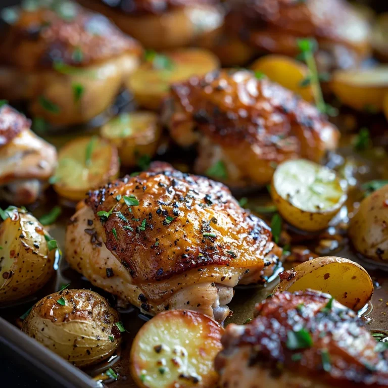 Close-up of baked chicken thighs and halved baby potatoes on a sheet pan, garnished with parsley.