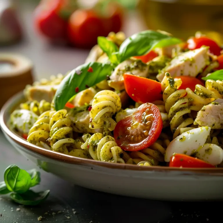 Close-up of a vibrant Easy Chicken Pesto Pasta Salad with colorful ingredients.