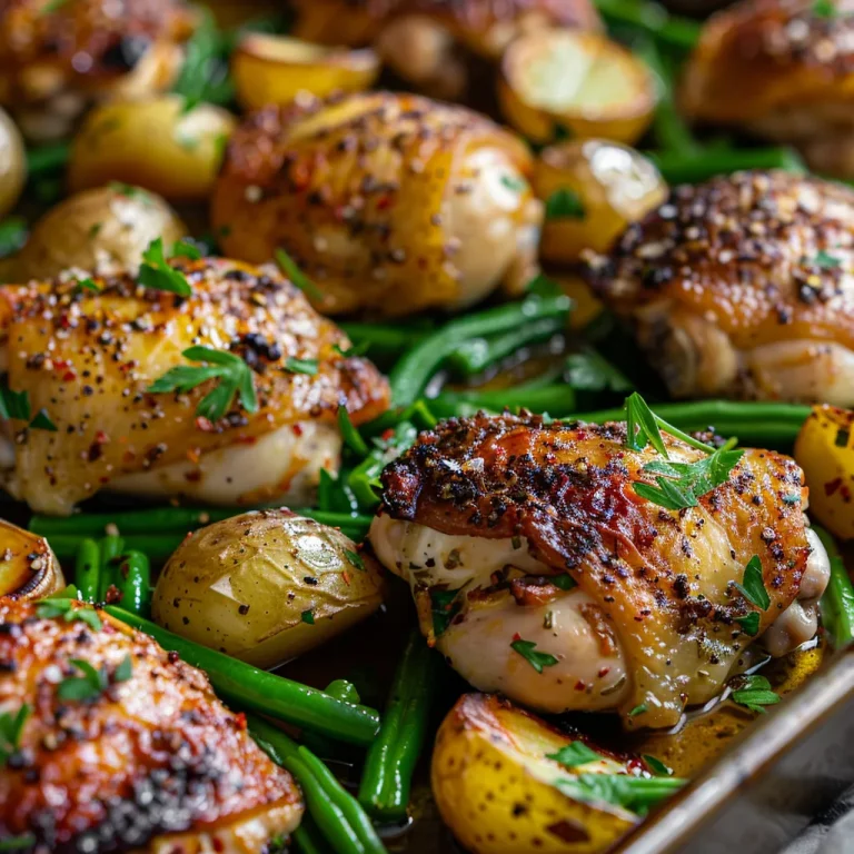 Close-up of garlic butter chicken with roasted baby potatoes and green beans on a sheet pan.