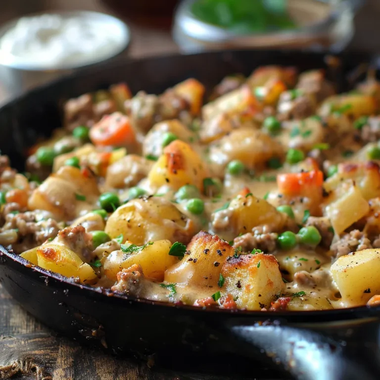 One-Pan Wonder: A Creamy Meat & Potato Skillet That’ll Steal Your Heart Close-up of a creamy meat and potato skillet, featuring diced potatoes, ground beef, and colorful vegetables.