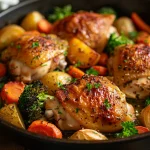 Close-up of roasted chicken thighs and colorful vegetables in a warm-lit setting.