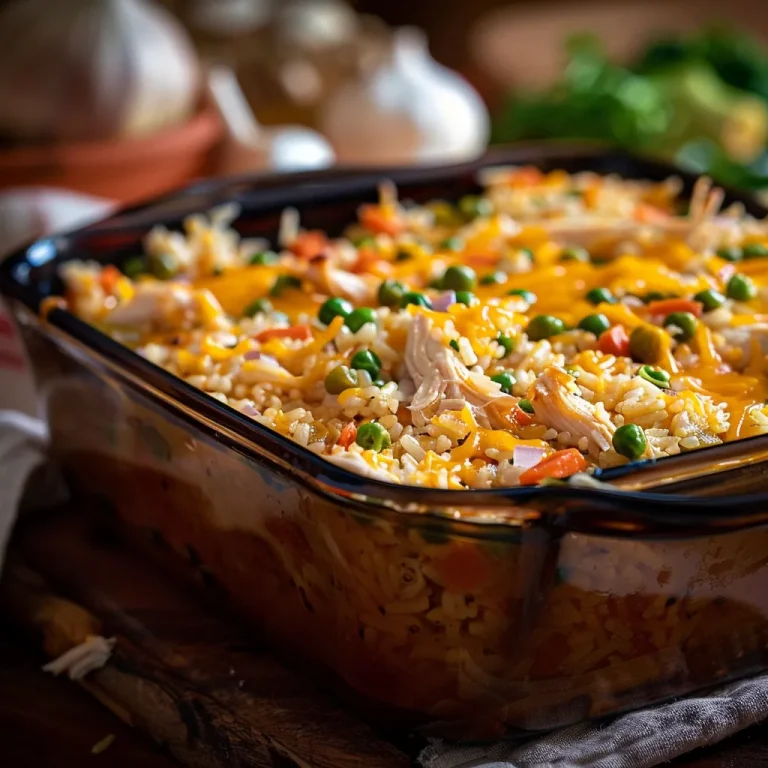 The Heartwarming Chicken and Rice Casserole That Feels Like Home A close-up of a golden-brown Chicken and Rice Casserole topped with melted cheese and fresh herbs.