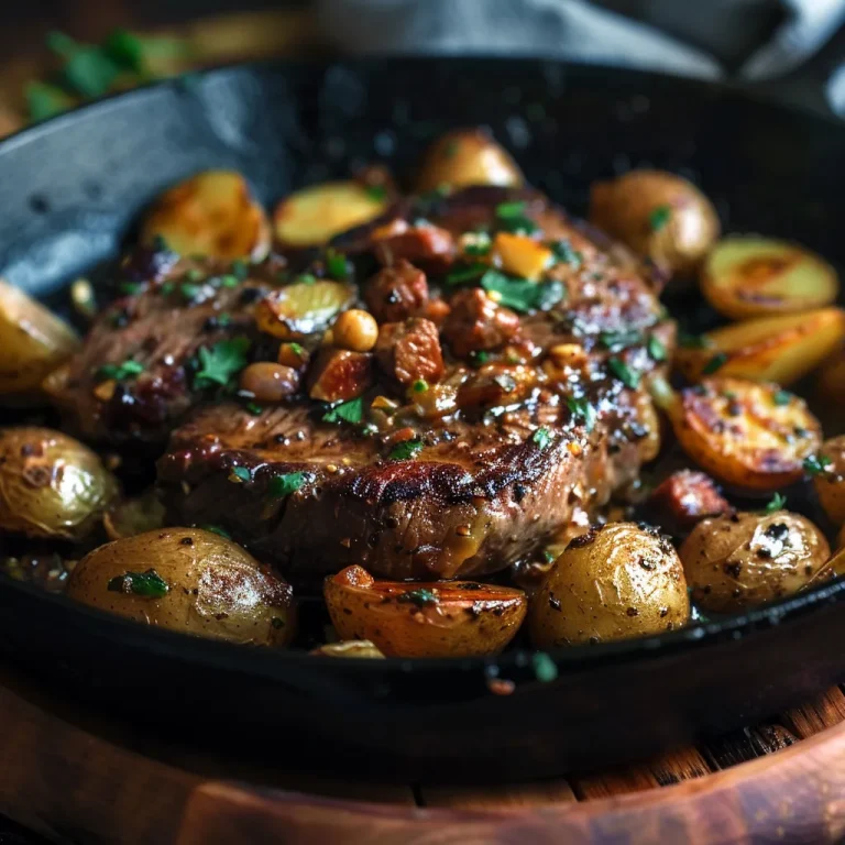 Sizzle and Savor: The Garlic Butter Steak and Potatoes Skillet That Warms the Soul Close-up of a skillet filled with garlic butter steak and baby potatoes, garnished with fresh parsley.