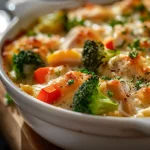 Close-up of a golden-brown Chicken and Vegetable Casserole topped with melted cheese and colorful veggies.