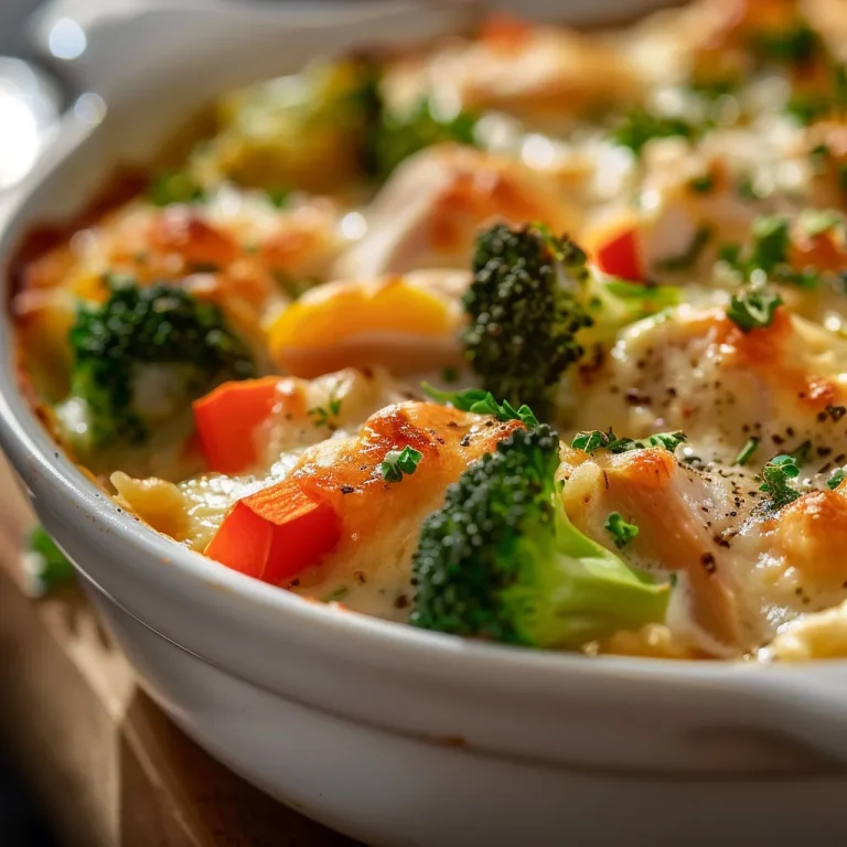 Close-up of a golden-brown Chicken and Vegetable Casserole topped with melted cheese and colorful veggies.