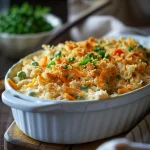 A close-up of a golden-brown chicken casserole topped with crushed cornflakes and surrounded by mixed vegetables.