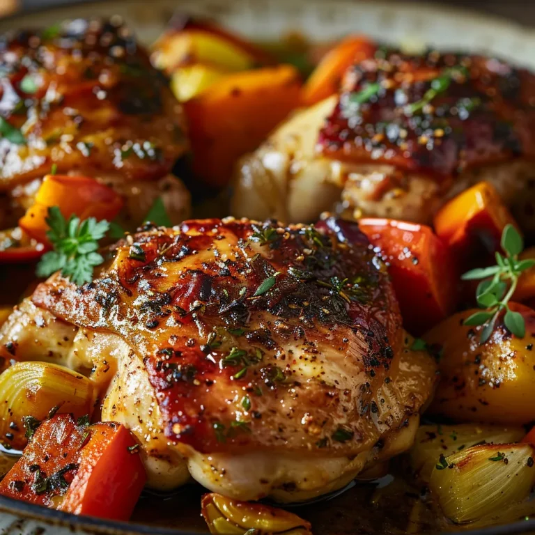 The Roasted Garlic Chicken and Vegetables That Makes Every Dinner Feel Like a Celebration Close-up of roasted garlic chicken thighs with colorful mixed vegetables.