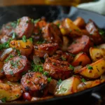 Close-up of a skillet filled with sausage, potatoes, bell pepper, and onion, garnished with parsley.