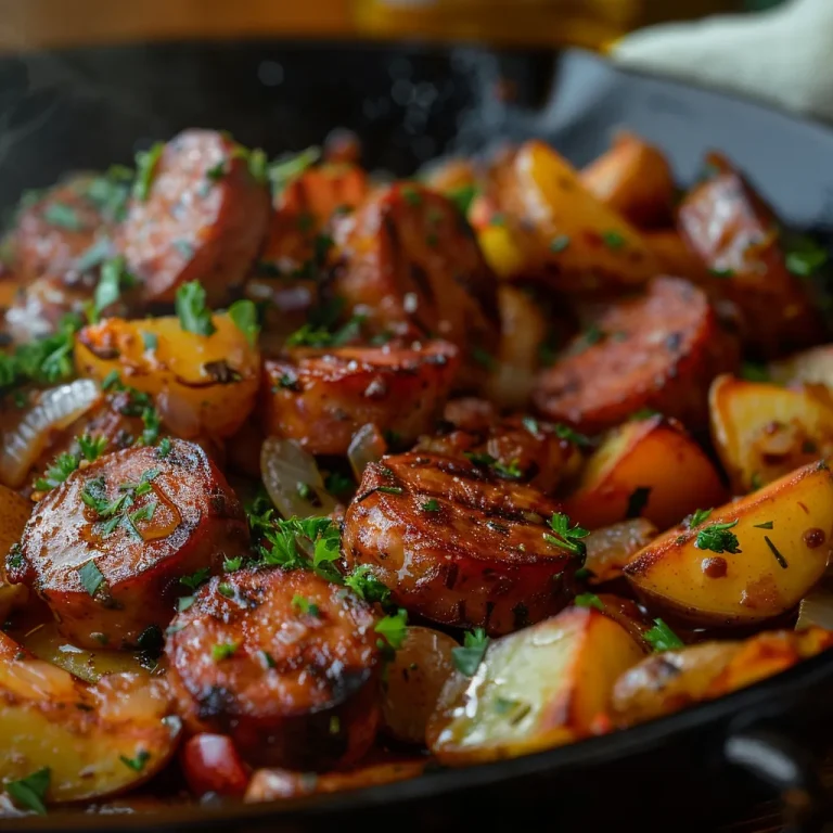 Close-up of a skillet filled with sausage, potatoes, bell pepper, and onion, garnished with parsley.