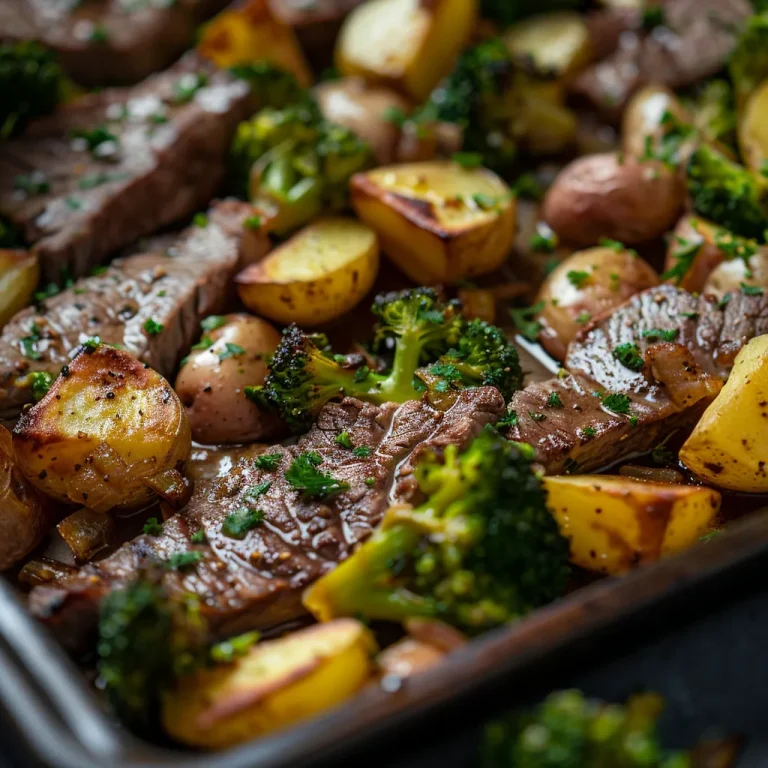 Close-up of a sheet pan featuring steak, diced potatoes, and broccoli, beautifully lit.