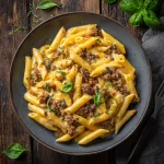 Close-up shot of creamy beef pasta with penne, garnished with fresh herbs.