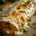 Close-up of a cheesy garlic chicken wrap, filled with shredded chicken and melted cheese.