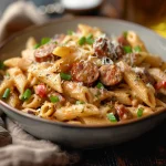 Close-up view of creamy Cajun sausage pasta with sliced sausage, bell peppers, and green onions.