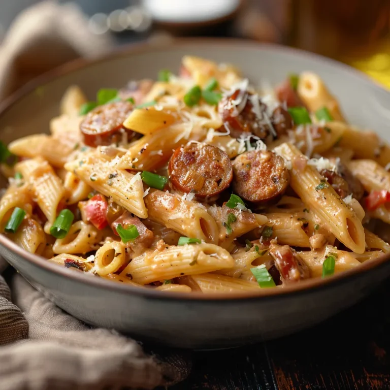 Close-up view of creamy Cajun sausage pasta with sliced sausage, bell peppers, and green onions.