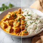 Close-up of creamy butter chicken in a bowl, garnished with cilantro and served with rice.