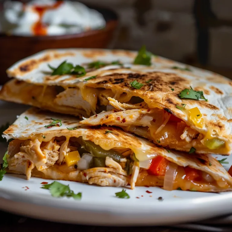 A close-up shot of a golden-brown chicken quesadilla filled with cheese and vegetables, served with sour cream and salsa.