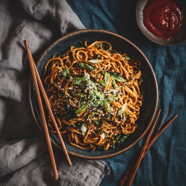 Close-up of vegan ramen noodles in a bowl with vegetables, illuminated by soft natural light.