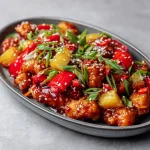 Close-up view of a plate of Easy Sweet & Sour Chicken with vibrant bell peppers and pineapple.